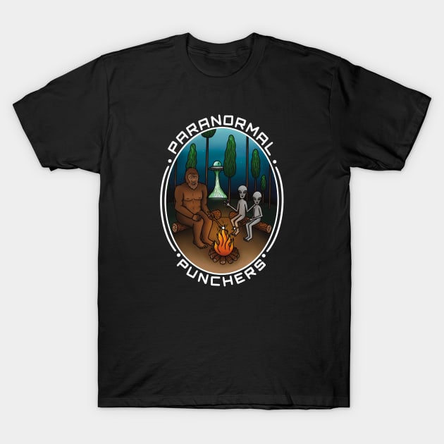 Bigfoot and Aliens Toasting Marshmallows T-Shirt by Paranormal Punchers